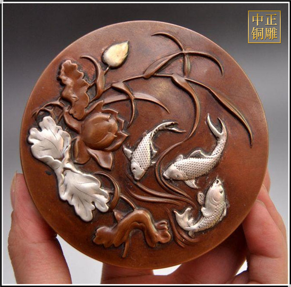 連年有余墨盒銅浮雕